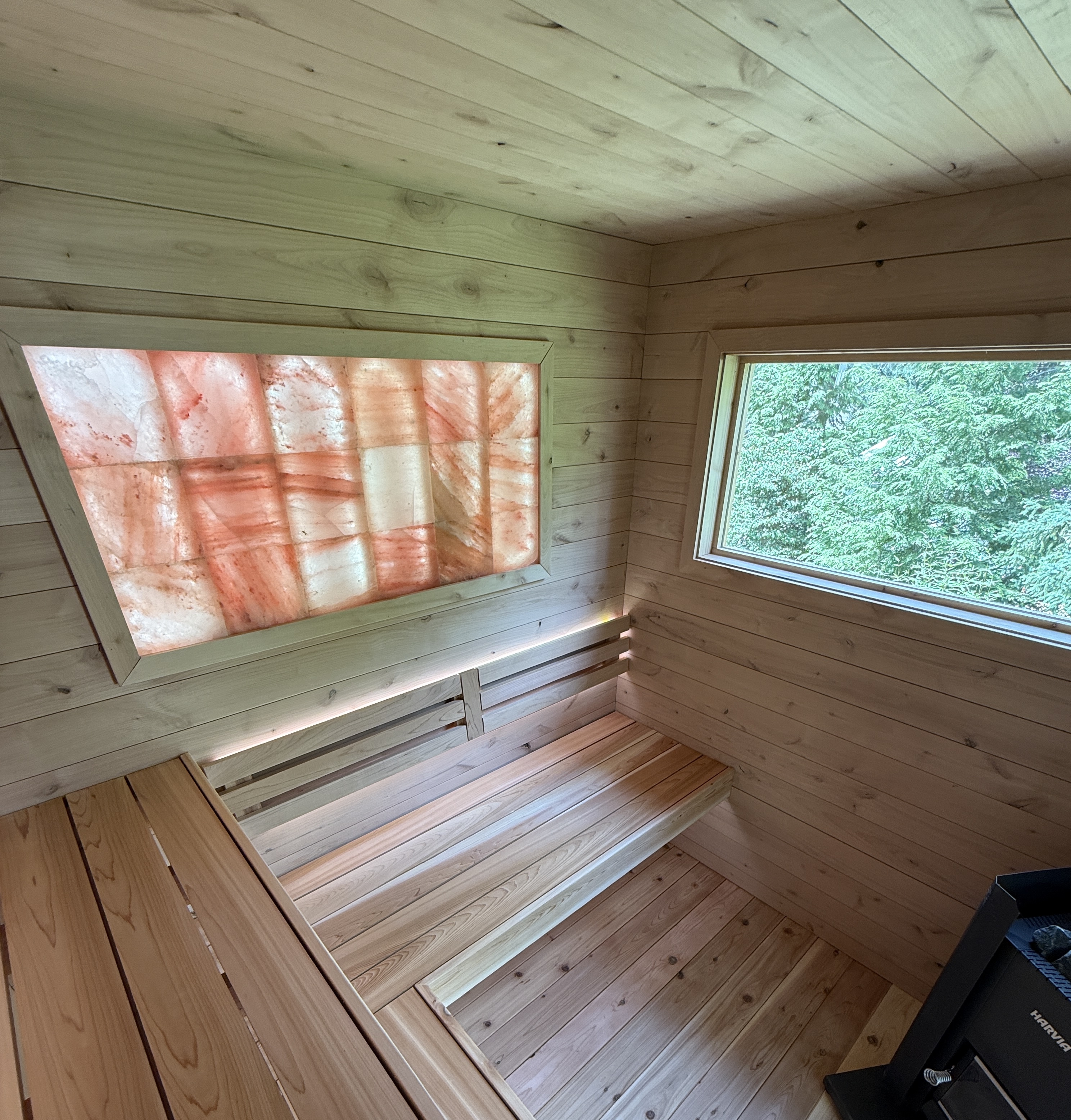 Cabin custom sauna — custom Alder sauna with himalayan pink salt accent wall.JPG
